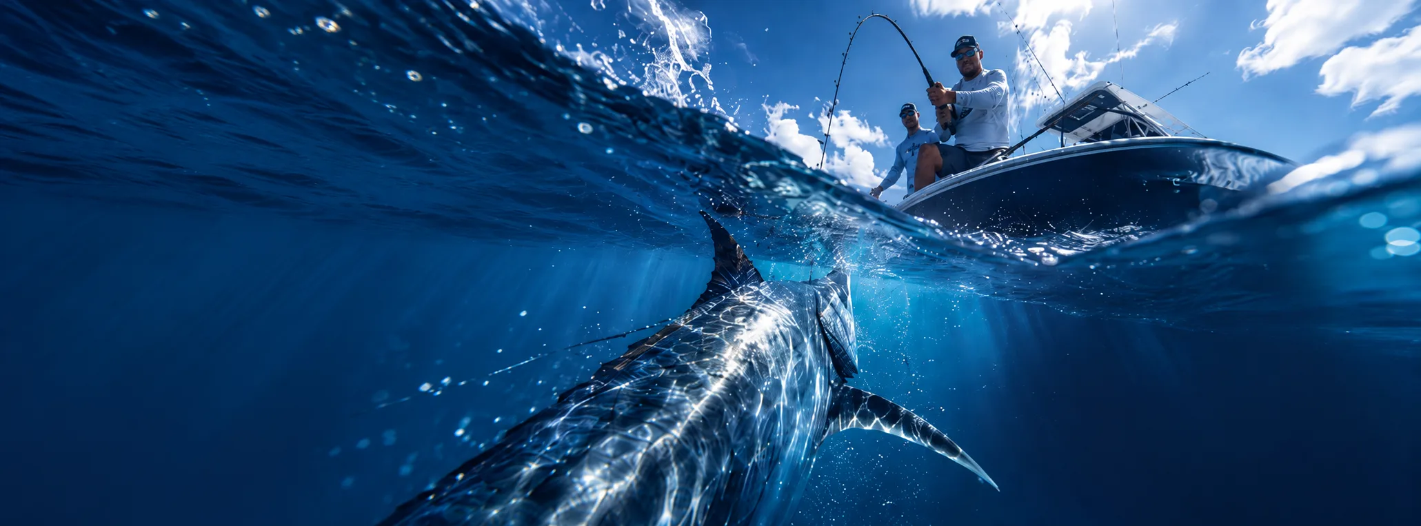 Two anglers on a center console boat fight a marlin, seen from just below the surface of the ocean